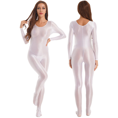 Womens Glossy Bodystocking Smooth Long Sleeve Oil Shiny Full Body Bodysuit Tights Swimsuit Fitness GYM Pole Dance Clubwear