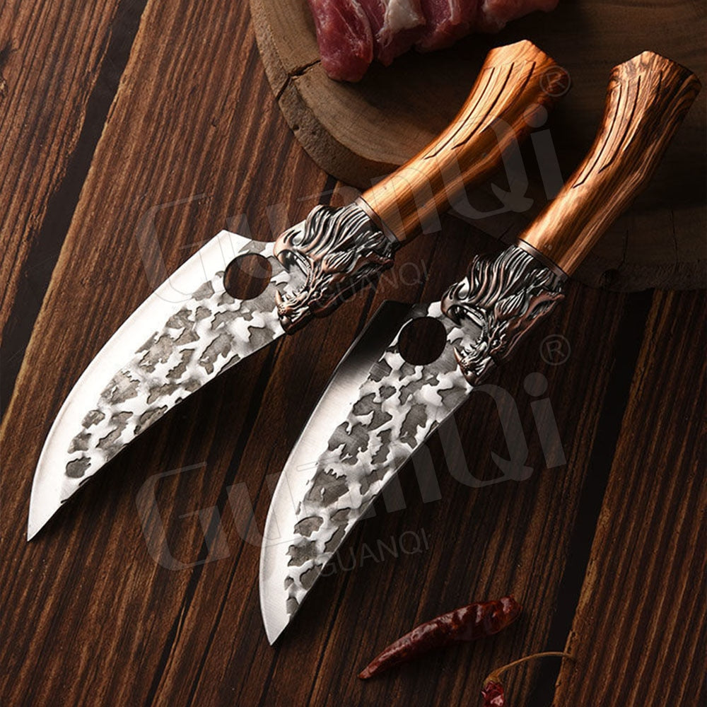 Handmade Forged Stainless Steel Kitchen Knife Cleaver Chinese Butcher Boning Knife Pig Beef Cutting Knife with Knife Wood Handle