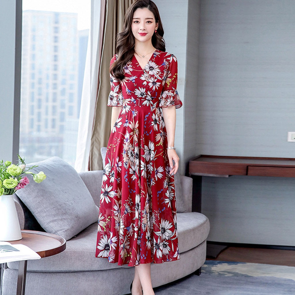 Women Floral Long Dress 2023 Casual Fashion Chiffon A Line V Neck Short Sleeve Dress Summer Elegant Fashion Comfortable Dresses