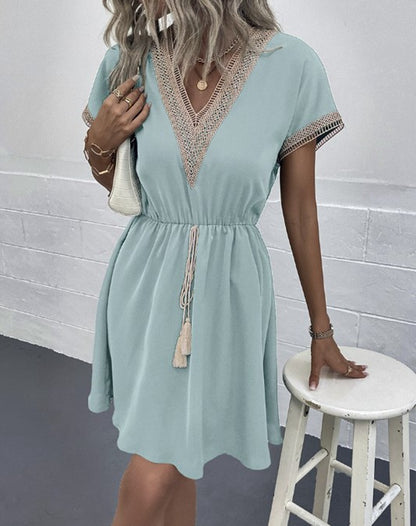 Women Elegante Mini Dress Summer Fashion V Neck Loose Lace Up Bohemian Dresses Female Casual Solid Short Sleeved Dress Vestidos