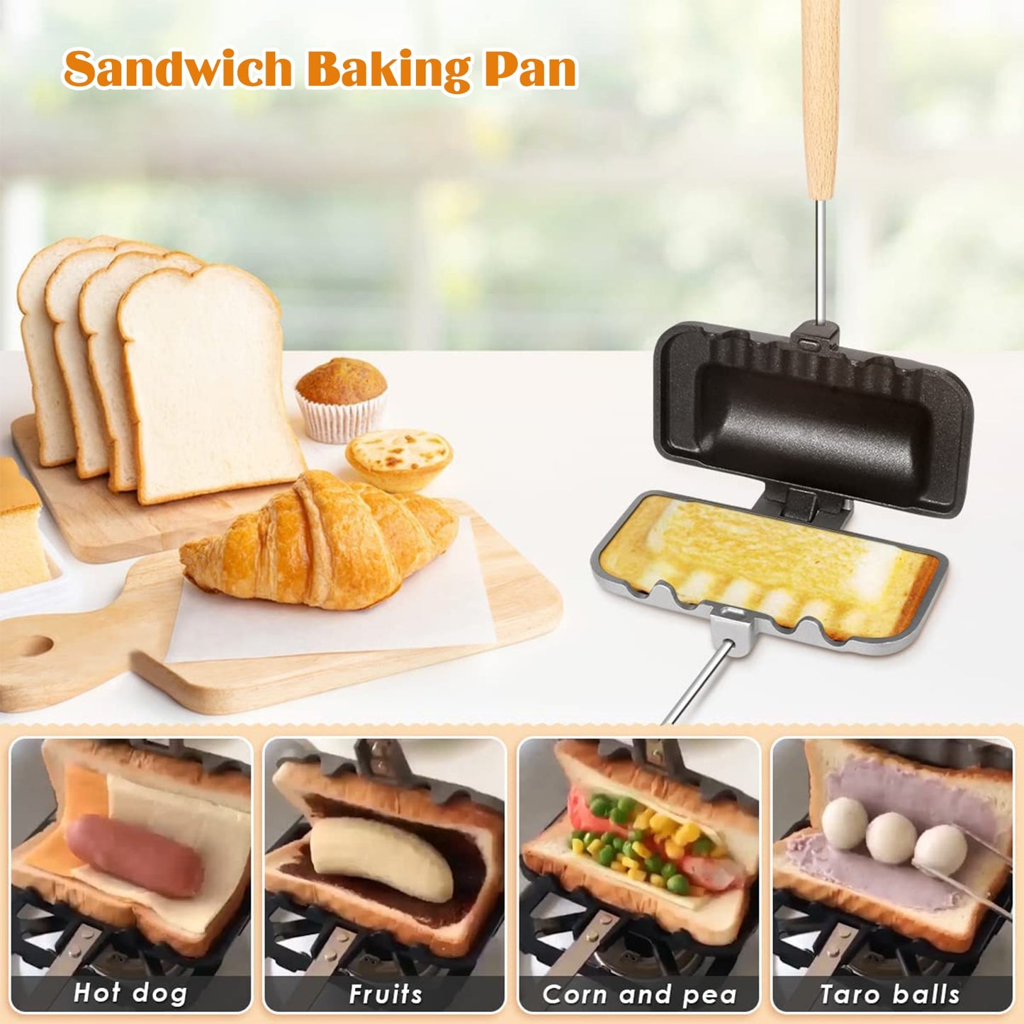 Double-Sided Sandwich Baking Pan Non-Stick Foldable Grill Frying Pan for Bread Toast Breakfast Machine Pancake Sandwich Maker