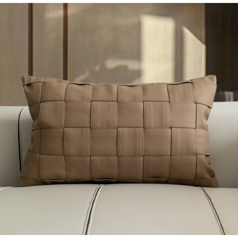 DAVINRICH Coffee Faux Leather Hand Woven Decorative Cushion Covers Modern Luxury Home Décor Lumbar Pillow Case For Couch Sofa