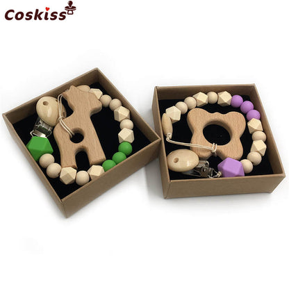 2pc Baby Teether Organic Wooden Animal Teether Natural Teething Grasping Toy Silicone Bead Toddler Teether Newborn DIY Baby Gift