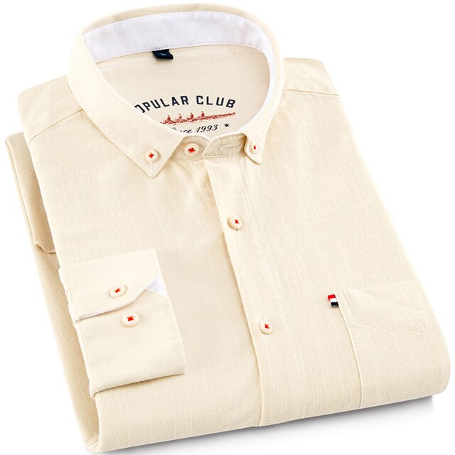Men&#39;s Versatile Casual Long Sleeve Solid Linen Cotton Shirts Single Pocket Button-down Breath Comfortable Soft Slim-fit Shirt