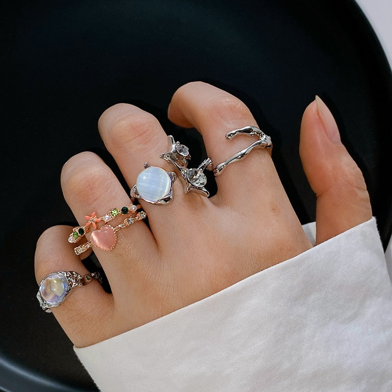 Kpop Retro Gothic Silver Color Heart Metal Ring For Women Girls Vintage Y2k Crystal Open Rings Punk Geometry Rings Party Jewelry