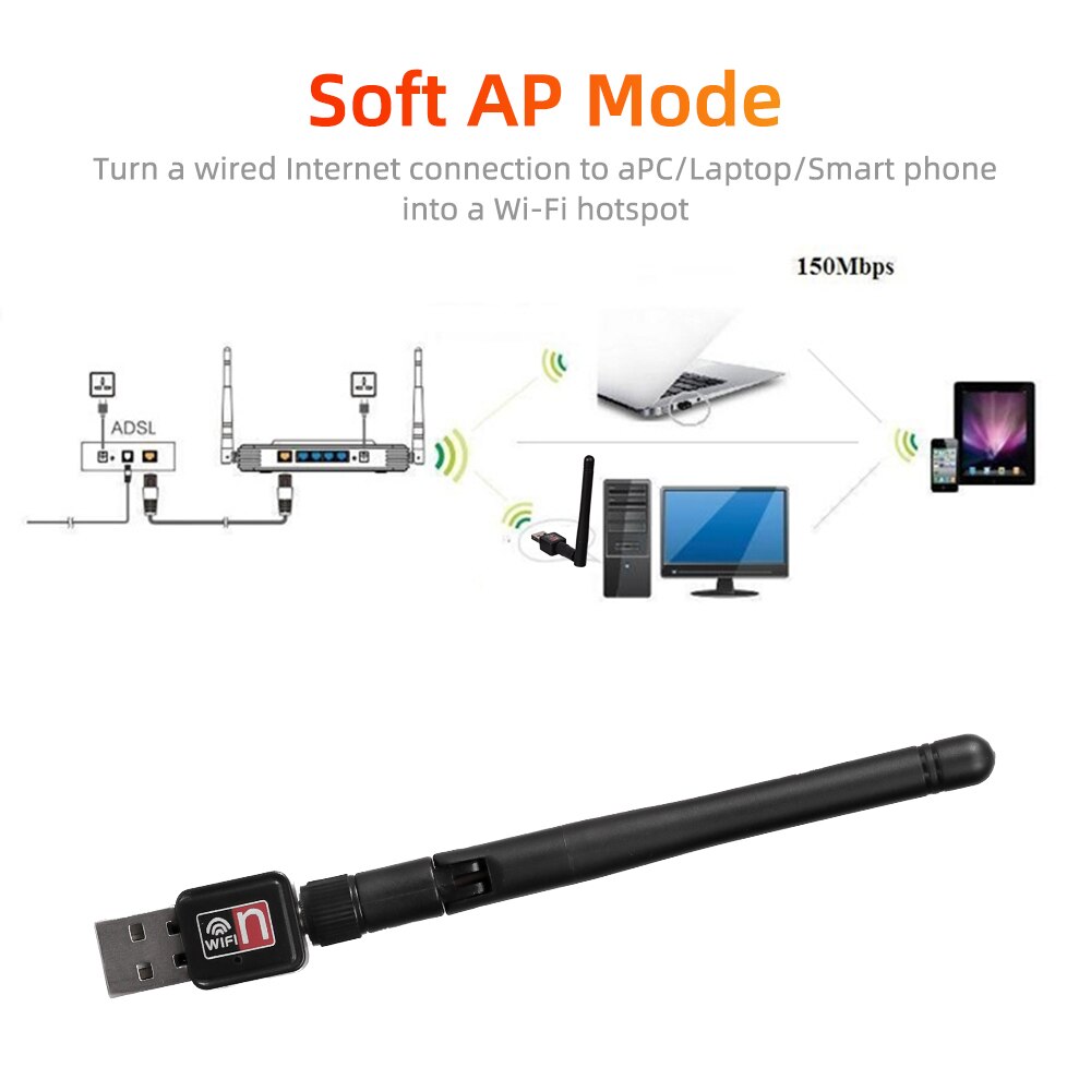 USB WiFi Adapter 150Mbps 2.4GHz Antenna USB 802.11n/g/b Ethernet Wi-Fi dongle USB LAN Wireless Network Card PC WiFi Receiver