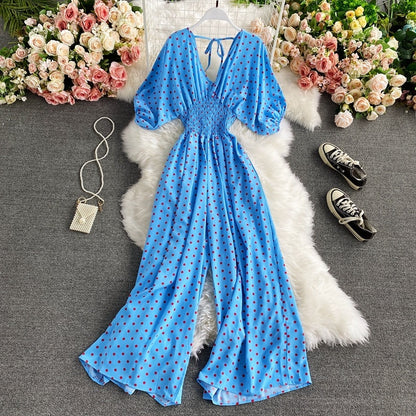 F V Neck Sexy Dolman Sleeves Waist Slim Polka Dot Print Jumpsuit Women Wide Leg Trousers Jumpsuit