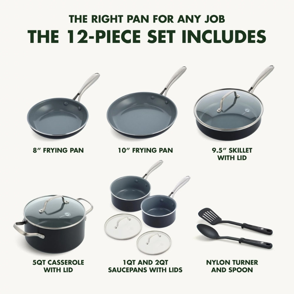 GreenPan Swift Healthy Ceramic Nonstick, 12 Piece Cookware Pots and Pans Set, Stainless Steel Handles, PFAS-Free, Black