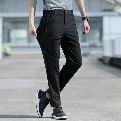 Large Size Men&#39;s Summer Pants Big Size Ice Silk Stretch Breathable Straight Leg Pants 6XL Quick Dry Elastic Band Black Trousers