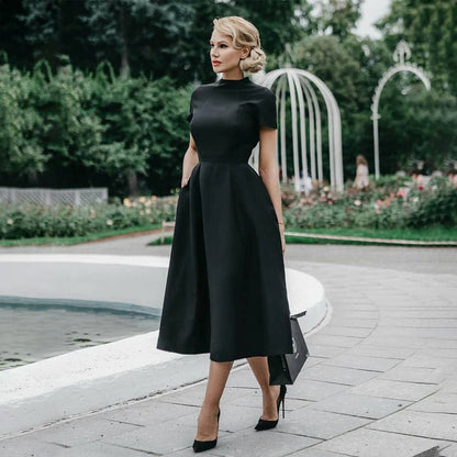 2022 Women Elegant Black Dress Half High Collar High Waist A-Line Dresses Slim Fit Midi Dress Office Lady Female Solid Vestidos