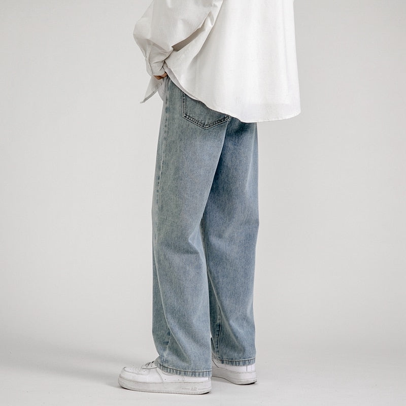 Korean Fashion Men&#39;s Baggy Jeans Classic All-match Solid Color Straight-leg Denim Wide-leg Pants Male Light Blue Grey Black
