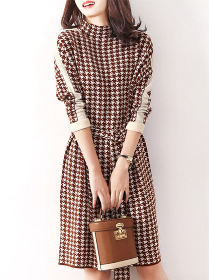 Elegant Dresses for Women Autumn  Winter New Long Sleeve Knitted Dress Vintage Houndstooth Bandage Fashion Sweater Dress Belt