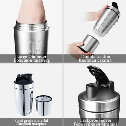 Stainless Steel Shaker Bottle Whey Protein Powder Blender Cup Leak Proof Vacuum Sports Gym Water Cup Travel Camping Water Bottle