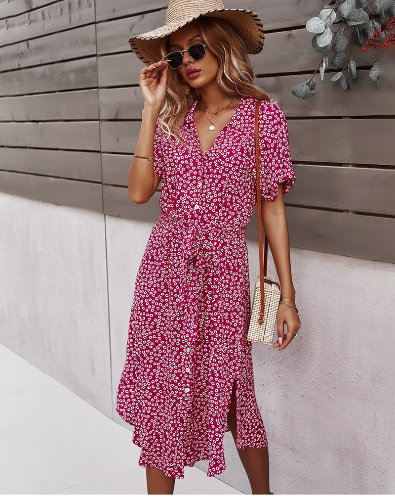 2022 Women Floral Dress Summer Casual Short Sleeve Button Holiday Midi Dresses Female V-Neck Beach Boho Chic Dress Elegant Robe