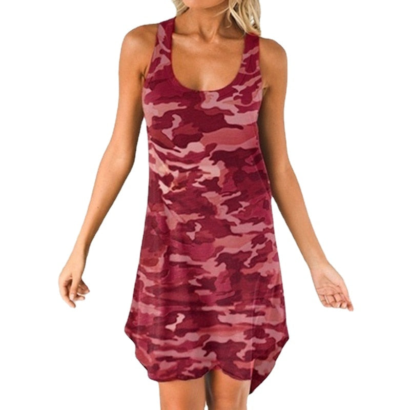 Plus Size Women Camouflage Dress Fashion Women Casual U-neck Sleeveless Dress A-line Skirt Beach Dress Party Dress Racer Back