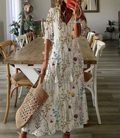 2023 Bohemian Long Dress Women Summer Vintage Floral Print V Neck Half Sleeve Dresses Female Casual Drawstring Loose Beach Dress