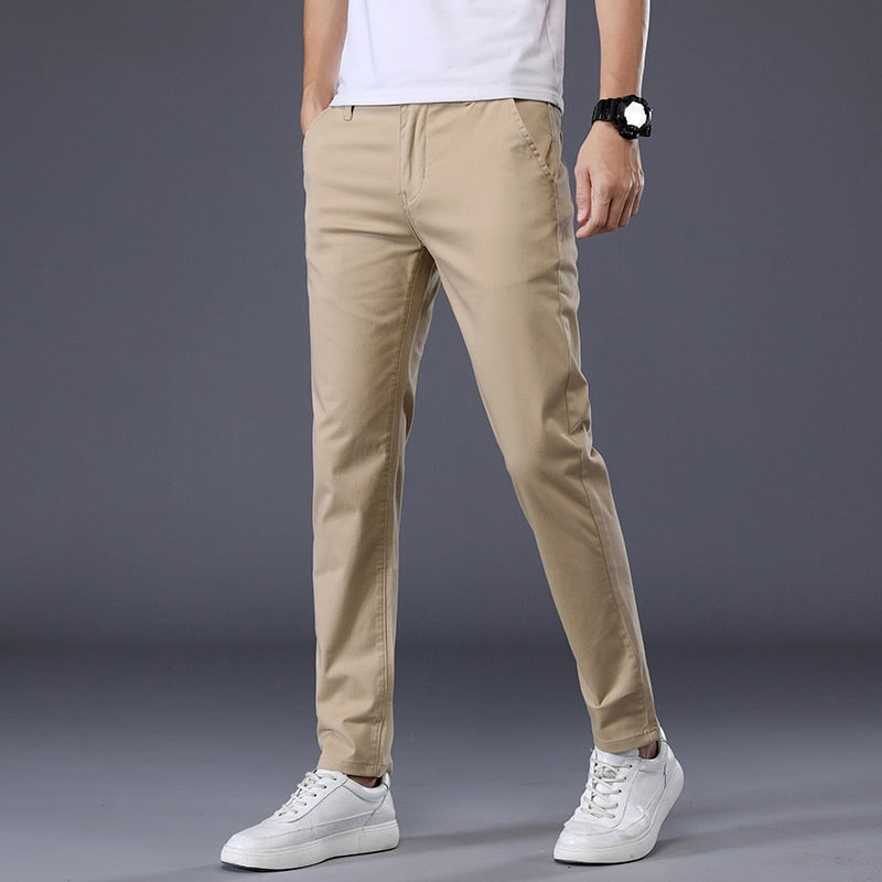 2023 New Summer Casual Pants Men 98%Cotton Solid color Business Fashion Slim Fit Stretch Gray Thin Trousers Male Brand Clothing