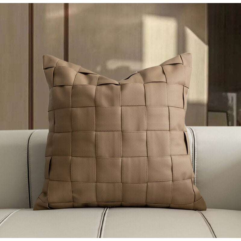 DAVINRICH Coffee Faux Leather Hand Woven Decorative Cushion Covers Modern Luxury Home Décor Lumbar Pillow Case For Couch Sofa