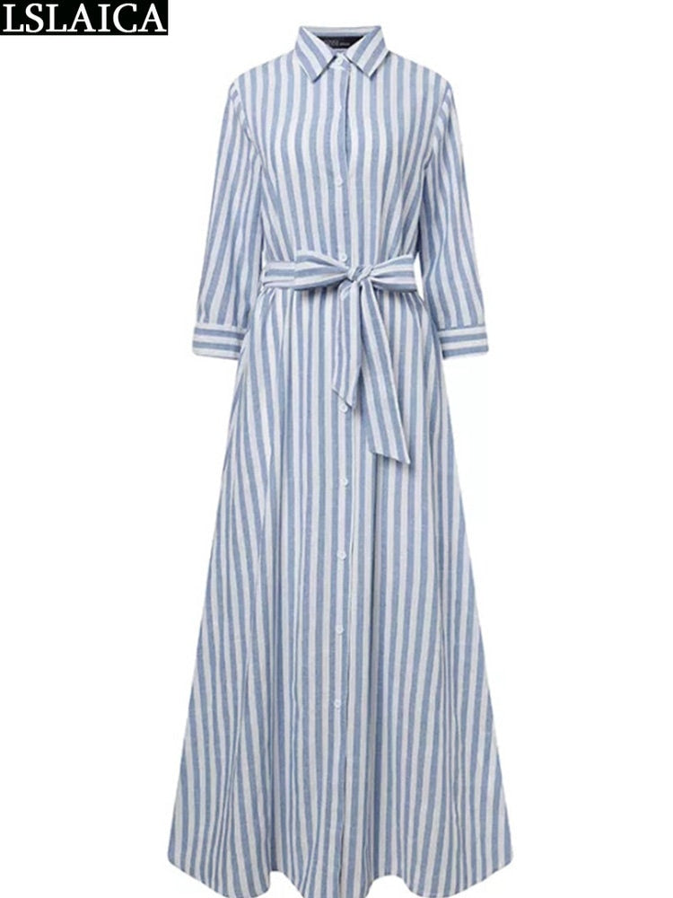 Shirt Women&#39;s Dress Boho Elegant Party Dresses 2023 Long Evening Gown Lace Up Simple Summer Striped Gowns Ladies Chic New Trendy