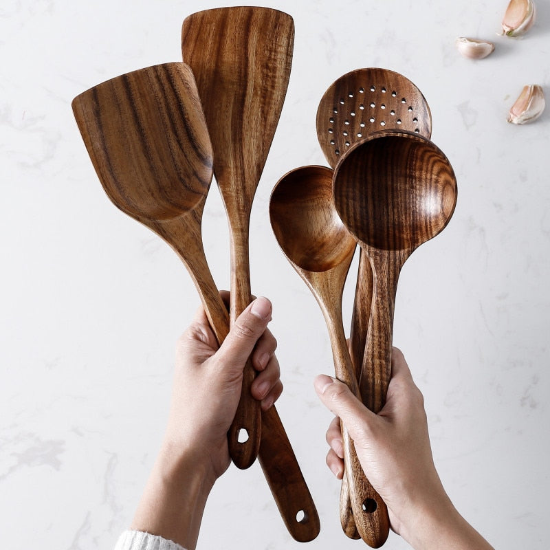 Teak Natural Wood Tableware Spoon Ladle Turner Rice Colander Soup Skimmer Cooking Spoon Scoop Kitchen Reusable Tool Kit
