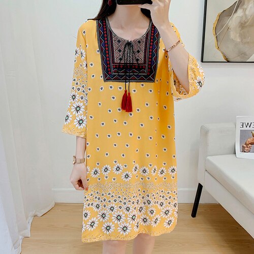 Women's Clothing Women Indian Dress Ready Stock Summer Vintage Causal Korean Style Beach Embroidery Tassel Floral Print Vestidos