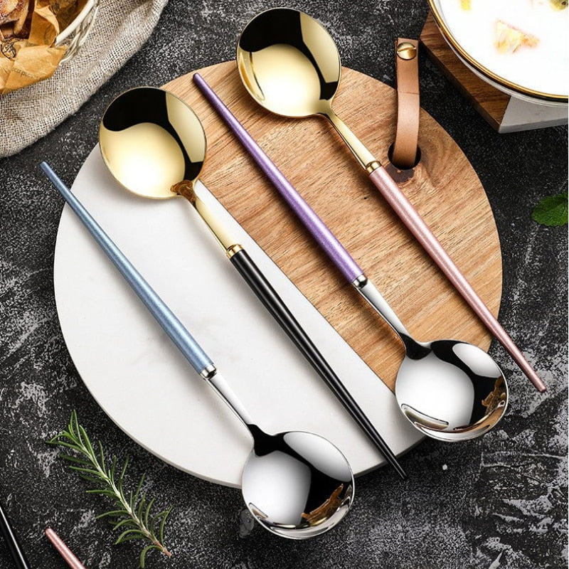 Gold Plated Stainless Steel Tableware Restaurant Kitchen Cookware Steak Western Food Luxury Knife Fork Spoon Dinnerware Sets