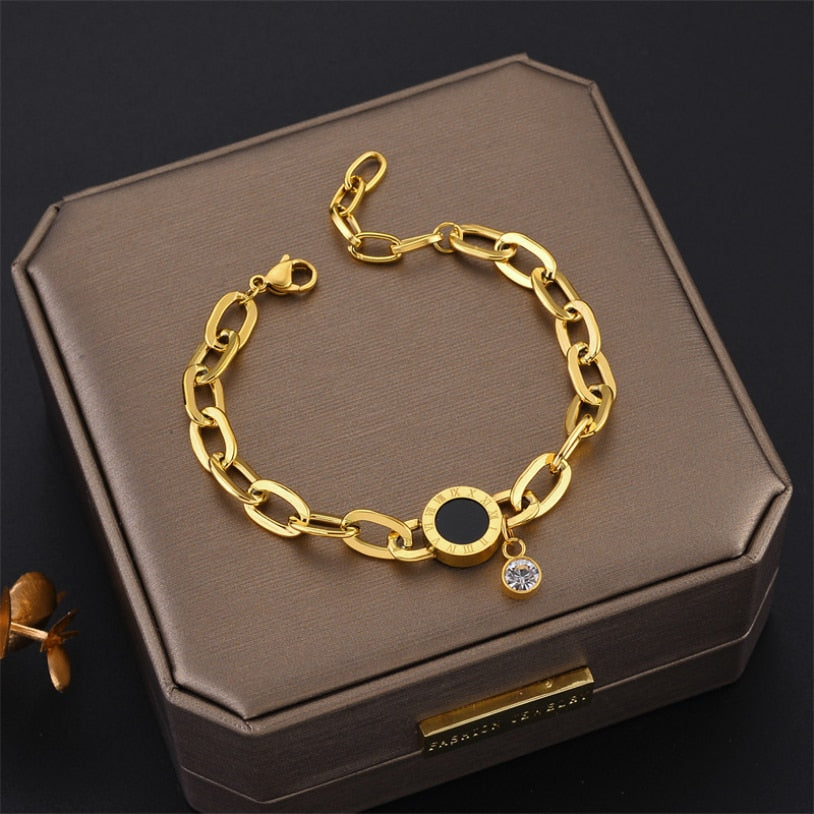 DIEYURO 316L Stainless Steel Fashion Link Chain Bangle Bracelet for Women Exquisite Gold Color Bracelet Jewelry Girl Gift брелок