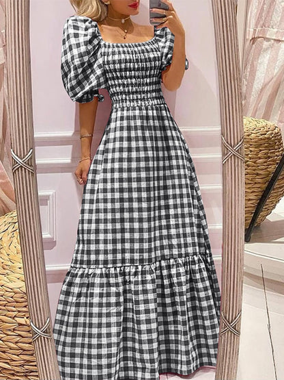 VONDA Summer Women Maxi Dress 2023 Casual Short Sleeve Square Collar Vintage Plaid Party Bohemian Vestidos Loose Long Sundress