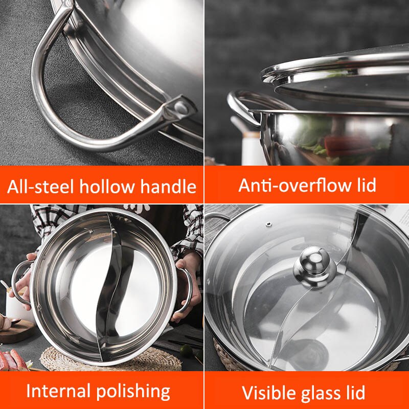 Hot Pot Induction Cooker Chinese Fondue 304 Stainless Steel Hotpot with Lid Gas Induction Stove Cooking Pot for Kitchen Cookware