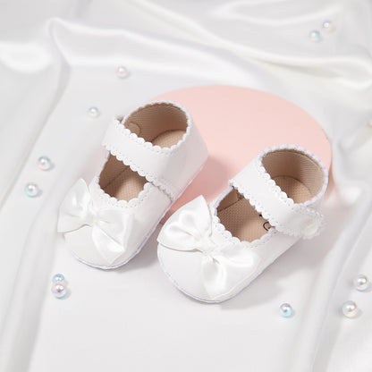 Newborn Baby Shoes Baby Boy Girl Shoes Girl Classic Bowknot Rubber Sole Anti-slip PU Dress Shoes First Walker Toddler Crib Shoes