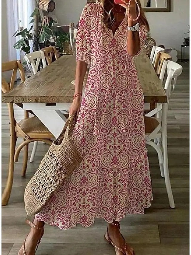 2023 Bohemian Long Dress Women Summer Vintage Floral Print V Neck Half Sleeve Dresses Female Casual Drawstring Loose Beach Dress