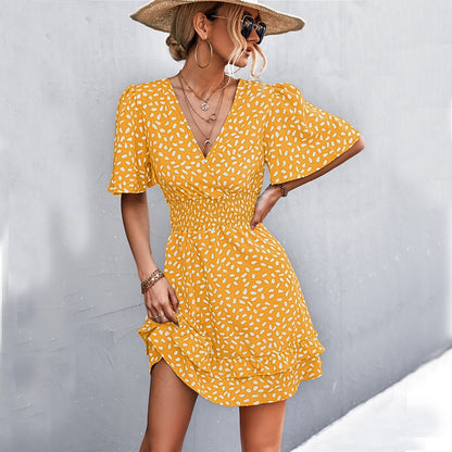 Sexy V Neck Mini Dress For Women Fashion Floral Slim Short Dresses Female Lotus Leaf Sleeve Elegant Dress Summer Vestido Mujer