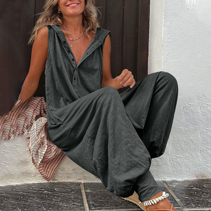 Vintage Button Jumpsuit Summer Women Causal Beach Cross-pants Playsuit Fashion Loose Solid Sleeveless Hooded Romper Streetwear