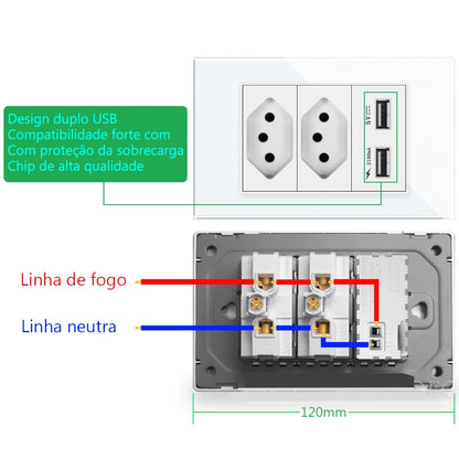 20A Brazil/US/Italy/Chile Plug Wall Sockets USB Type C Pressure Switch Plastic/ Tempered Glass 118 Panel Outlets Home Office