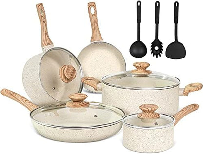 and Pans Set Nonstick, Granite Cookware Set 12 Pcs Non Toxic Cookware Set Induction Compatible, Black Granite Pots and Pans Set