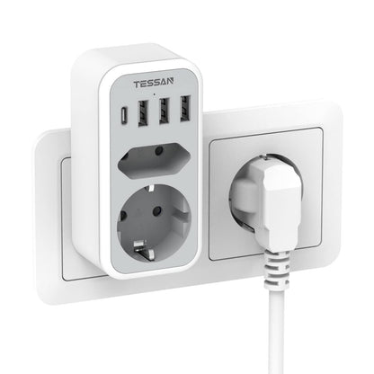 TESSAN Multi Outlets Power Stirp with Outlet and USB Ports, EU Wall Socket Power Adapter with Overload Protection for Home