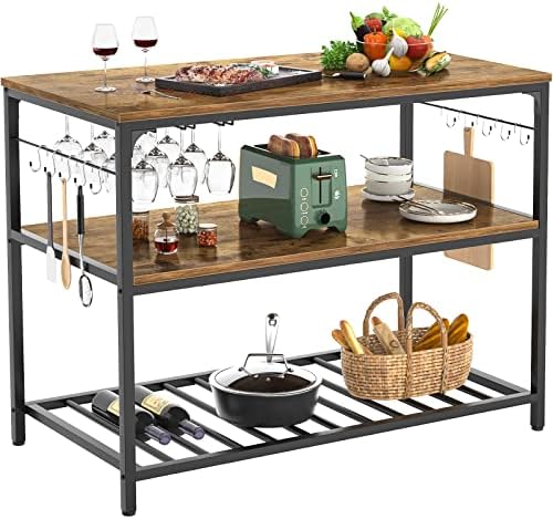 Island with Wine Glass Holder, Industrial Wood and Metal Coffee Bar Wine  Table, 3 Tier Spacious Kitchen Prep Table Extended Cou