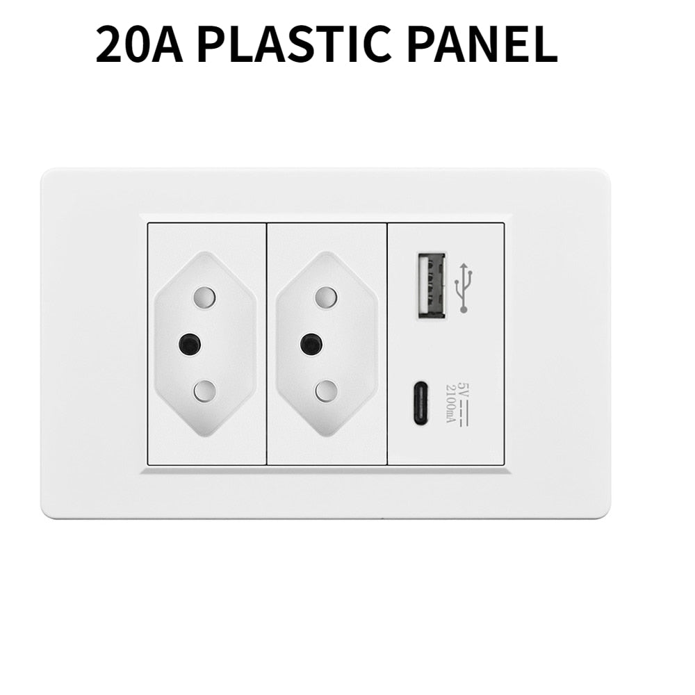 20A Brazil/US/Italy/Chile Plug Wall Sockets USB Type C Pressure Switch Plastic/ Tempered Glass 118 Panel Outlets Home Office