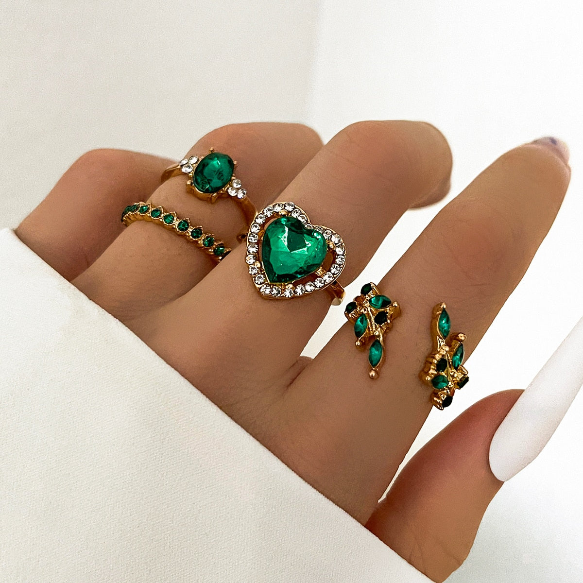 Aprilwell 5Pcs Green Crystal Rings Set for Women Gold Plated Vintage Aesthetic Geometric Luxury Anillos Lady Jewelry Gifts Bague