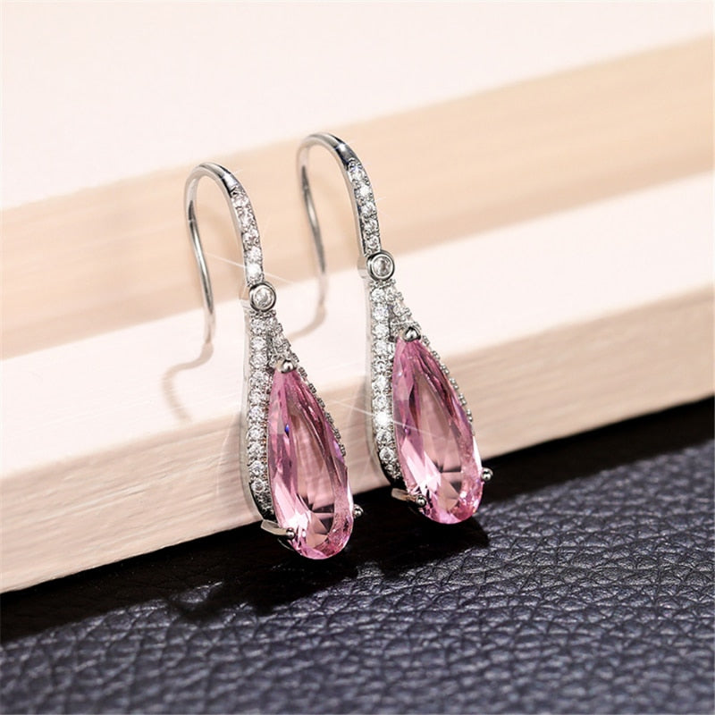 Luxury Silver Color Metal Inlaid Pink Zircon Earrings for Women Exquisite Fashion Engagement Wedding Dangle Earrings Jewelry