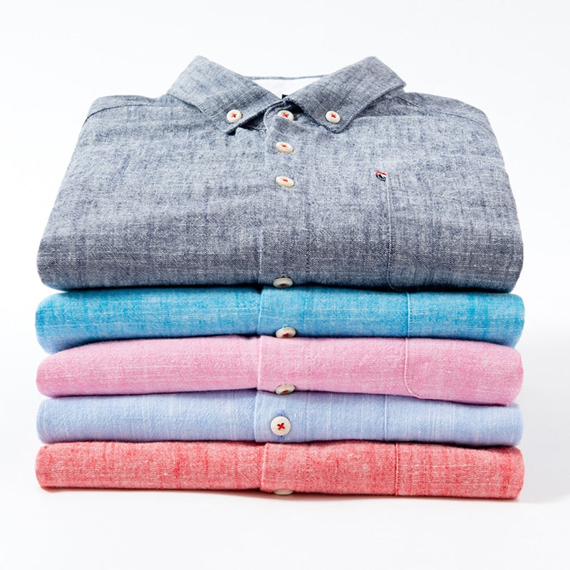 Men&#39;s Versatile Casual Long Sleeve Solid Linen Cotton Shirts Single Pocket Button-down Breath Comfortable Soft Slim-fit Shirt