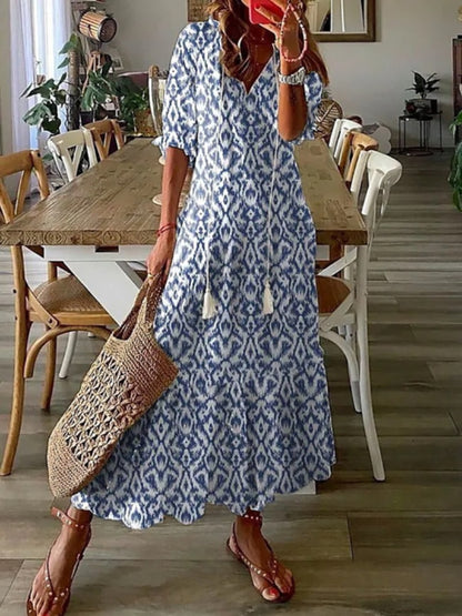 2023 Bohemian Long Dress Women Summer Vintage Floral Print V Neck Half Sleeve Dresses Female Casual Drawstring Loose Beach Dress