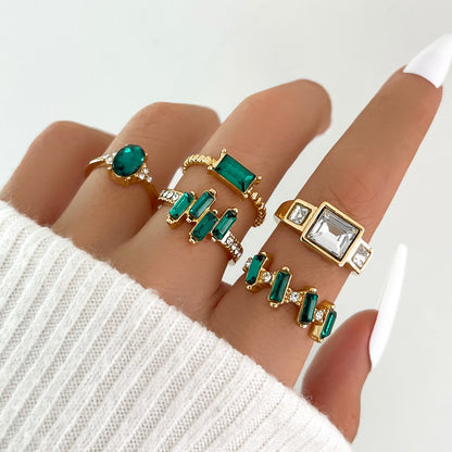 Aprilwell 5Pcs Green Crystal Rings Set for Women Gold Plated Vintage Aesthetic Geometric Luxury Anillos Lady Jewelry Gifts Bague