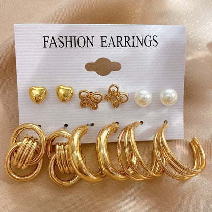 17KM Pearl Twist Hoop Earrings Set Butterfly Acrylic Dangle Earrings for Women Metal Hollow Gold Plated Earring Cartoon Jewelry