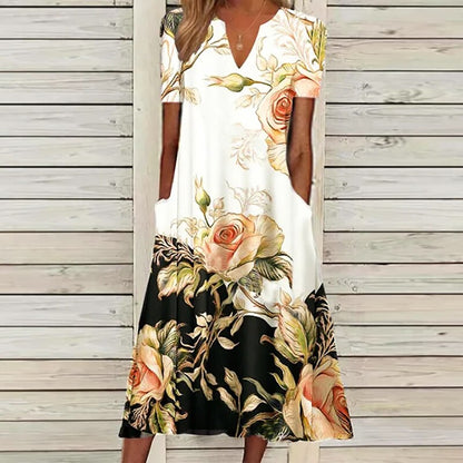 Spring Women Flora Dress Printed Boho Casual V Neck Dress Mid Calf Loose Elegant Ladies Skirt Pockets Vintage Style