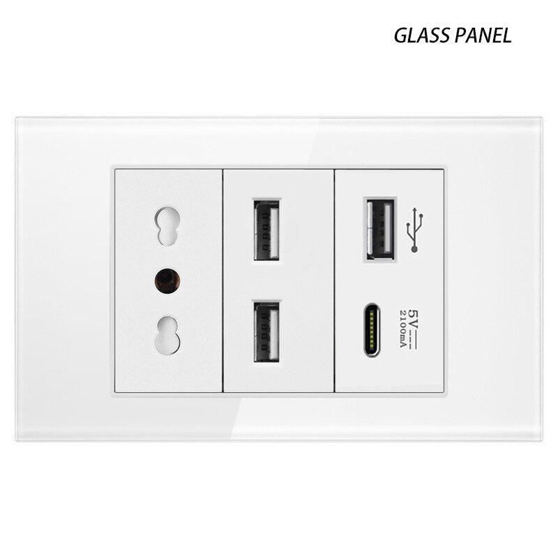 20A Brazil/US/Italy/Chile Plug Wall Sockets USB Type C Pressure Switch Plastic/ Tempered Glass 118 Panel Outlets Home Office