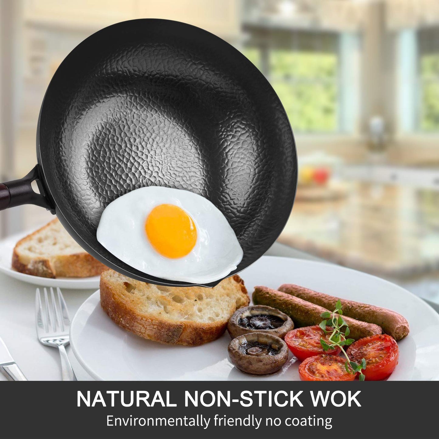 Carbon Steel Wok,Woks and Stir Fry Pans with lid Kitchen Cookwar For Electric,Induction and Gas Stoves Flat Bottom Wok