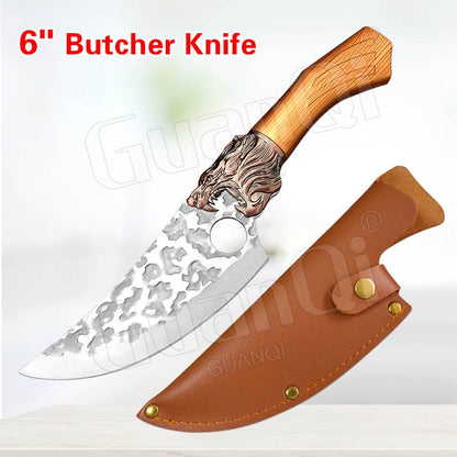 Handmade Forged Stainless Steel Kitchen Knife Cleaver Chinese Butcher Boning Knife Pig Beef Cutting Knife with Knife Wood Handle