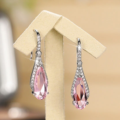 Luxury Silver Color Metal Inlaid Pink Zircon Earrings for Women Exquisite Fashion Engagement Wedding Dangle Earrings Jewelry