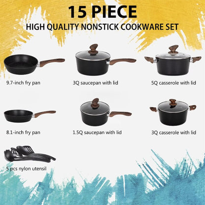 15 Pieces Cookware Set Granite Nonstick Pots and Pans Dishwasher Safe Black